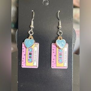90’s mixed tape dangle earrings with blue heart accent.